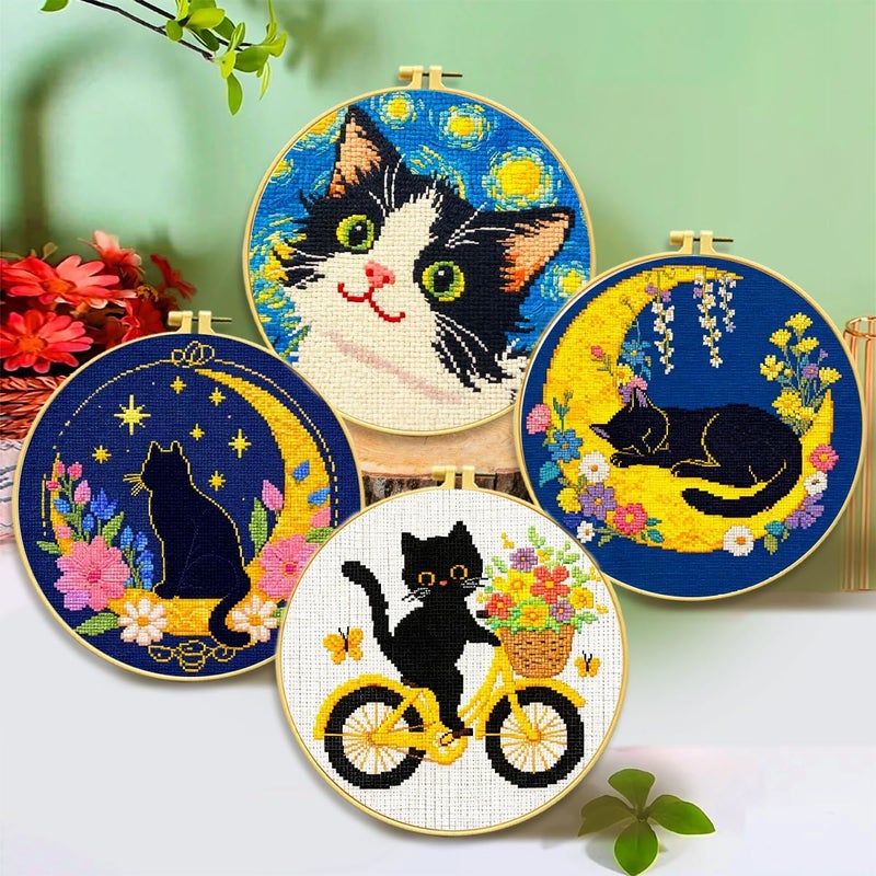 Zhenqing Cat Stamped Cross Stitch Kits for Adults Beginners, DIY Animals Cross Stitch Patterns Kits Printed Needlepoint Kits,Crafts Embroidery Kits for Home Decor-Cat-Themed 4-Piece Set(69207) - Image 1